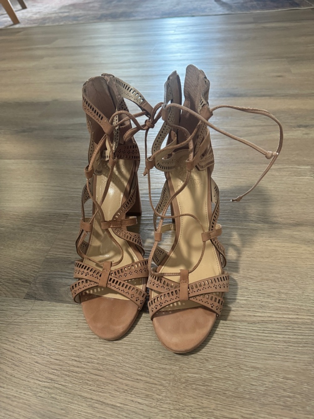 Vince Camuto Tan Laser-Cut Lace-Up Heeled Sandals